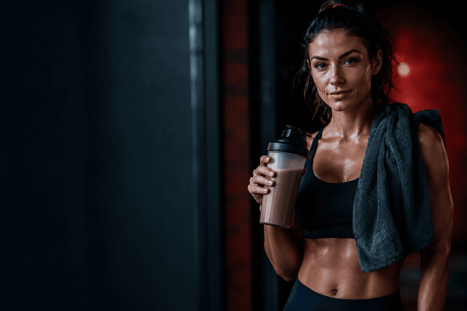 Sportliche Frau nach dem Training mit einem Getränk, Blick in die Kamera