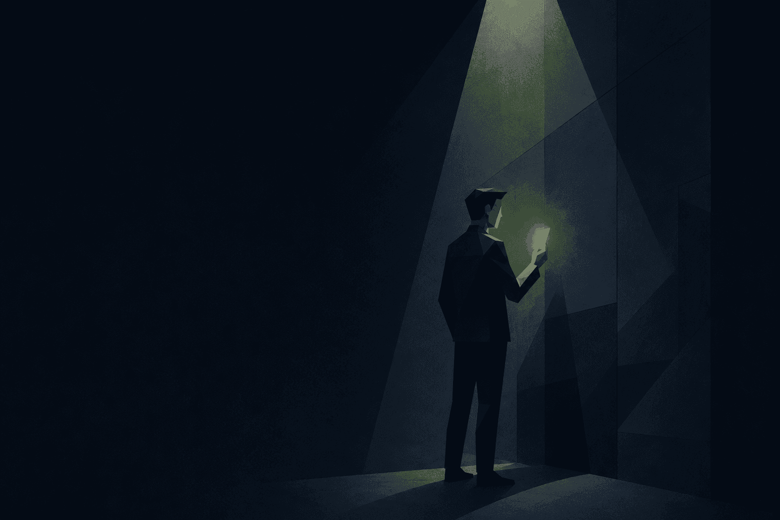 Illustration: eine Person hält eine leuchtende Karte vor einer dunklen Wand
