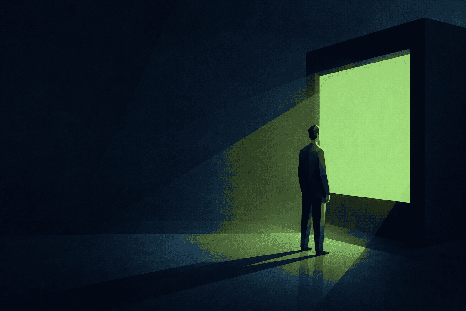 Illustration: eine Person vor einem großen Bildschirm, der grünes Licht wirft