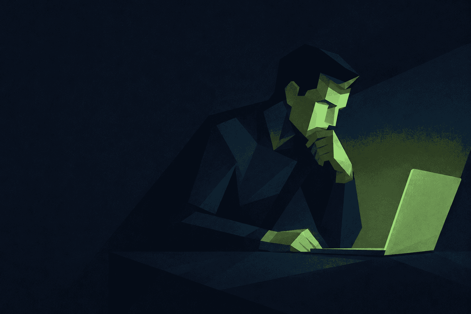 Illustration: eine Person am Schreibtisch, das Gesicht vom Bildschirm beleuchtet