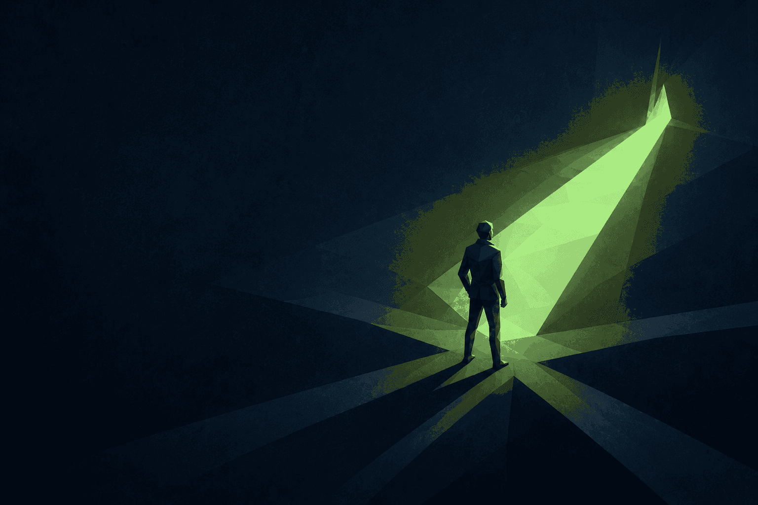 Illustration: eine Person an einer Weggabelung, ein Weg leuchtet grün