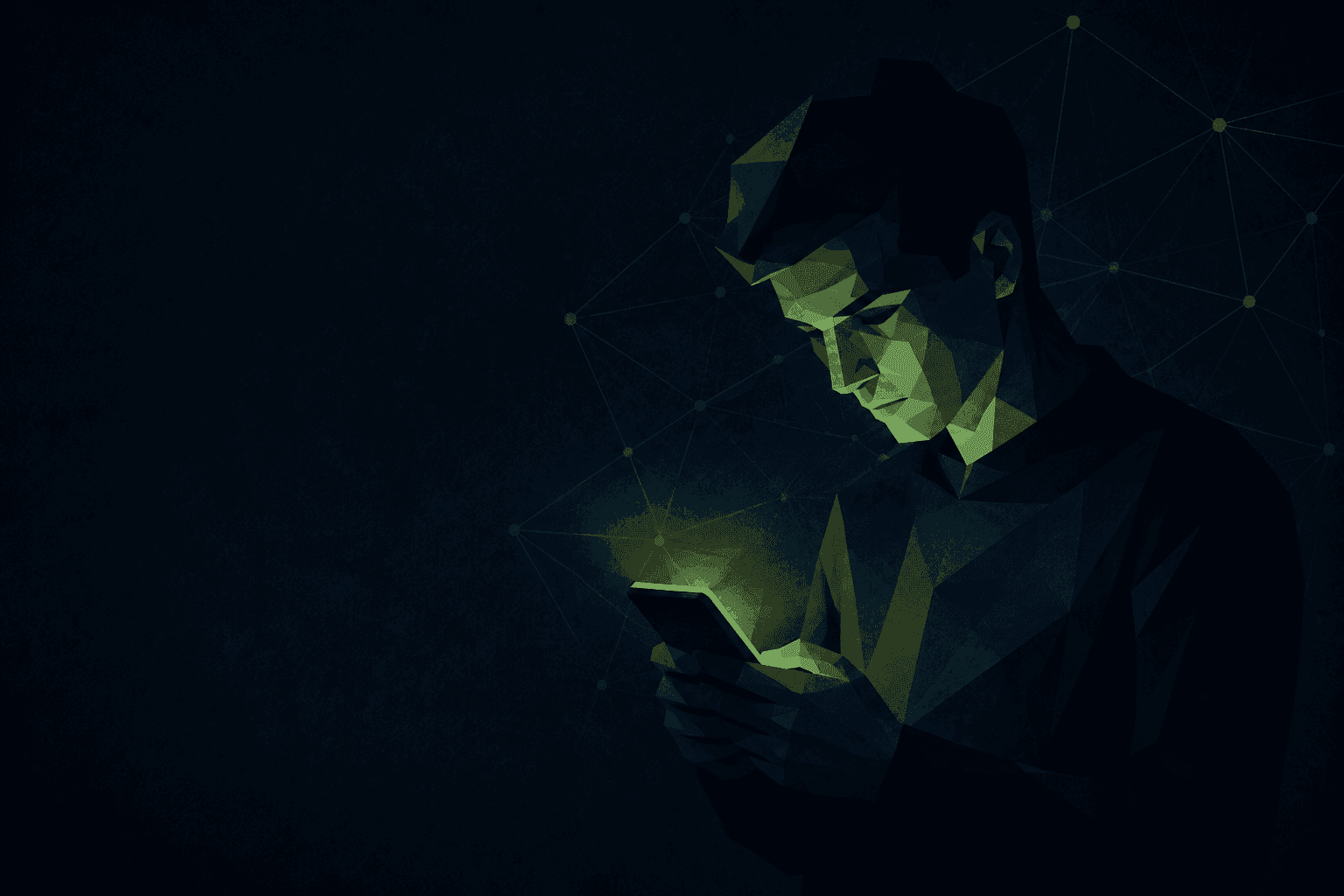 Illustration: eine Person mit Handy, im Hintergrund ein Netz aus Linien