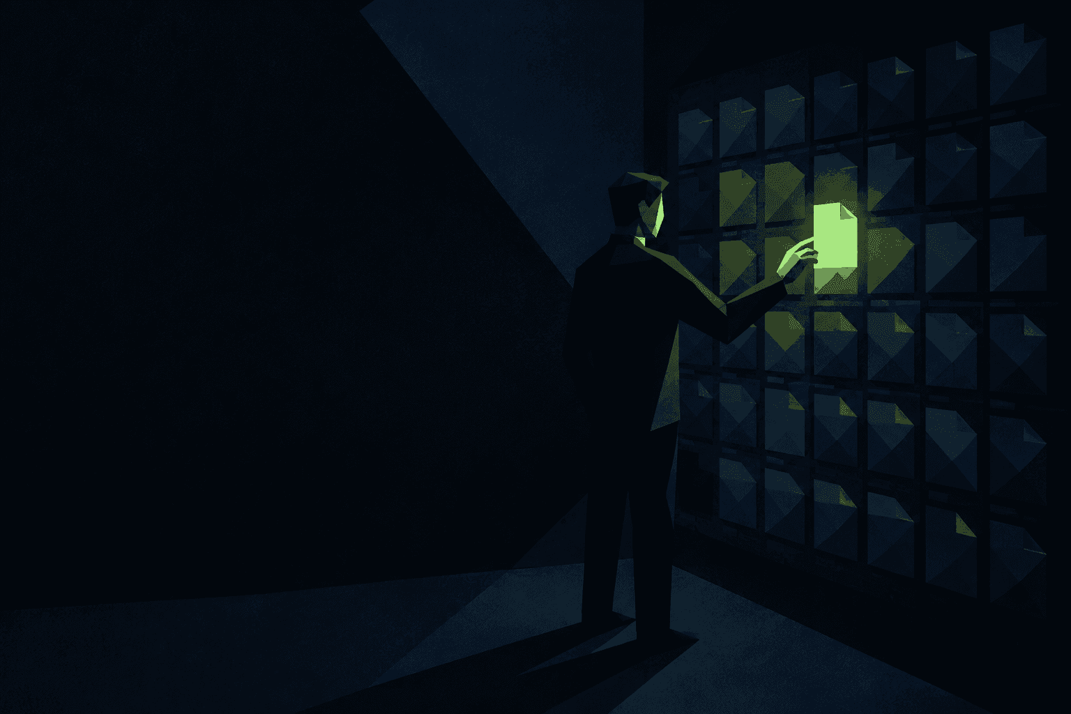 Illustration: eine Person vor einer Wand aus Kontaktkarten, eine leuchtet