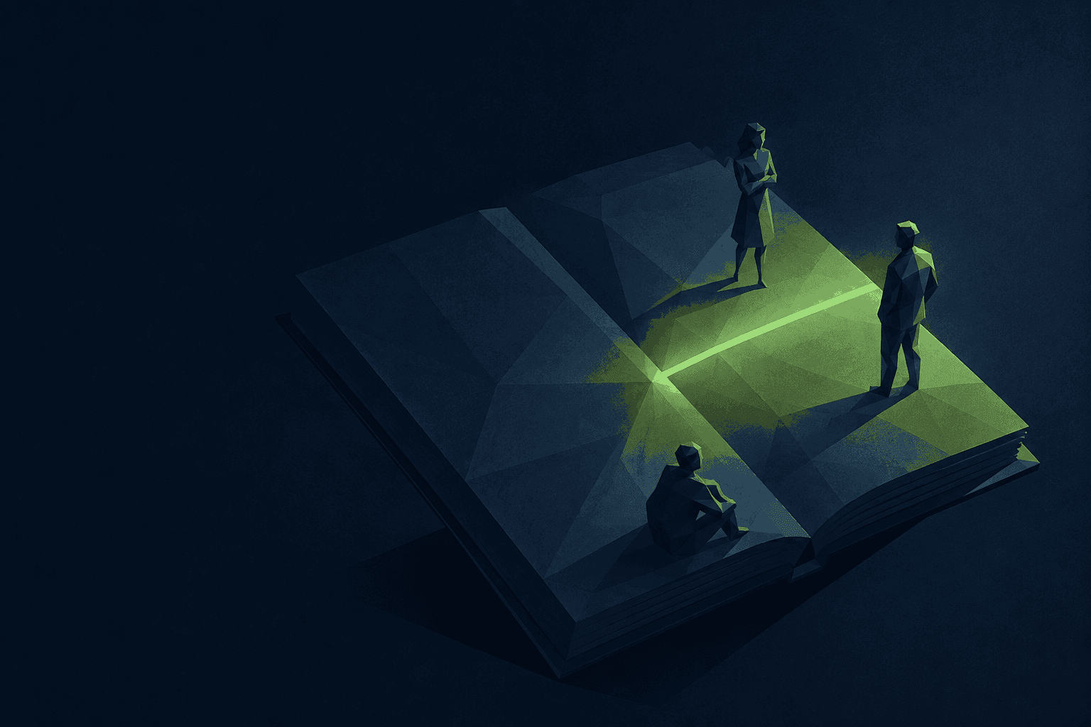 Illustration: ein aufgeschlagenes Notizbuch, eine Zeile leuchtet grün