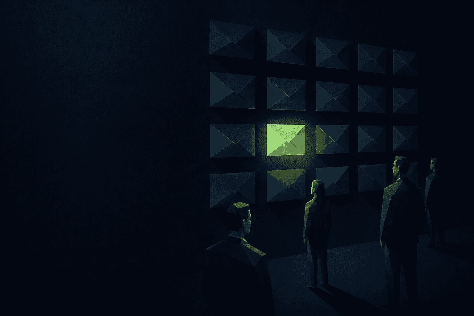 Illustration: viele Briefformen in einem Raster, eine davon leuchtet