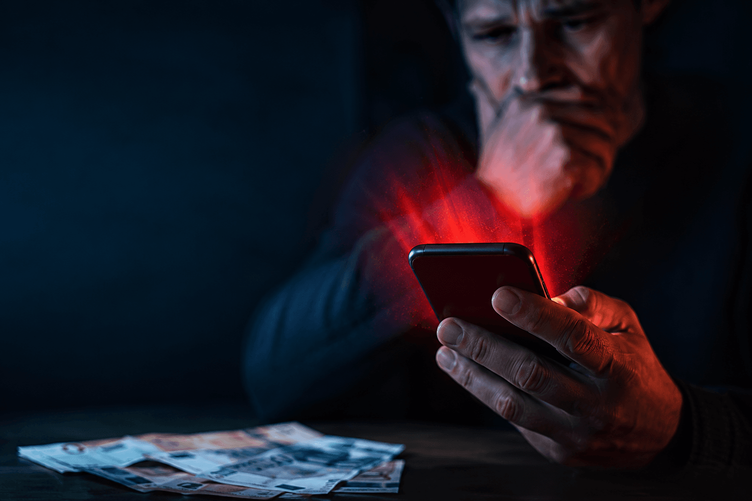 Besorgter Mann blickt im Dunkeln auf ein Smartphone mit rotem Warnlicht, daneben Geldscheine
