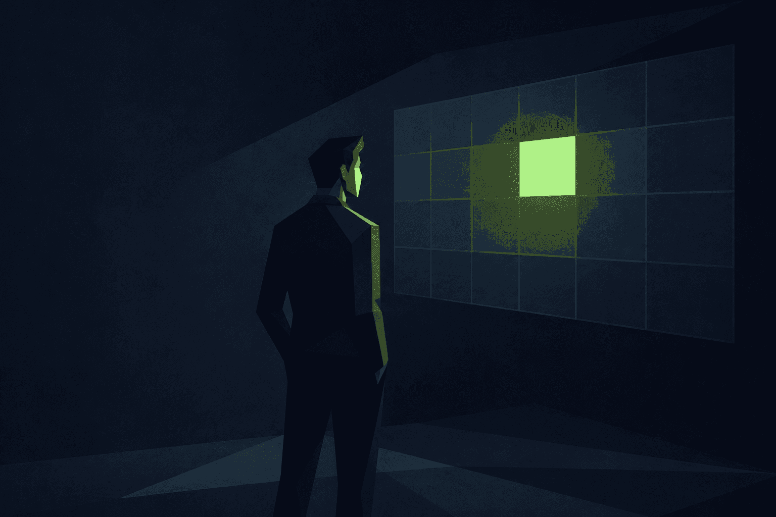 Illustration: eine Person vor einem Kalenderraster, ein Feld leuchtet grün