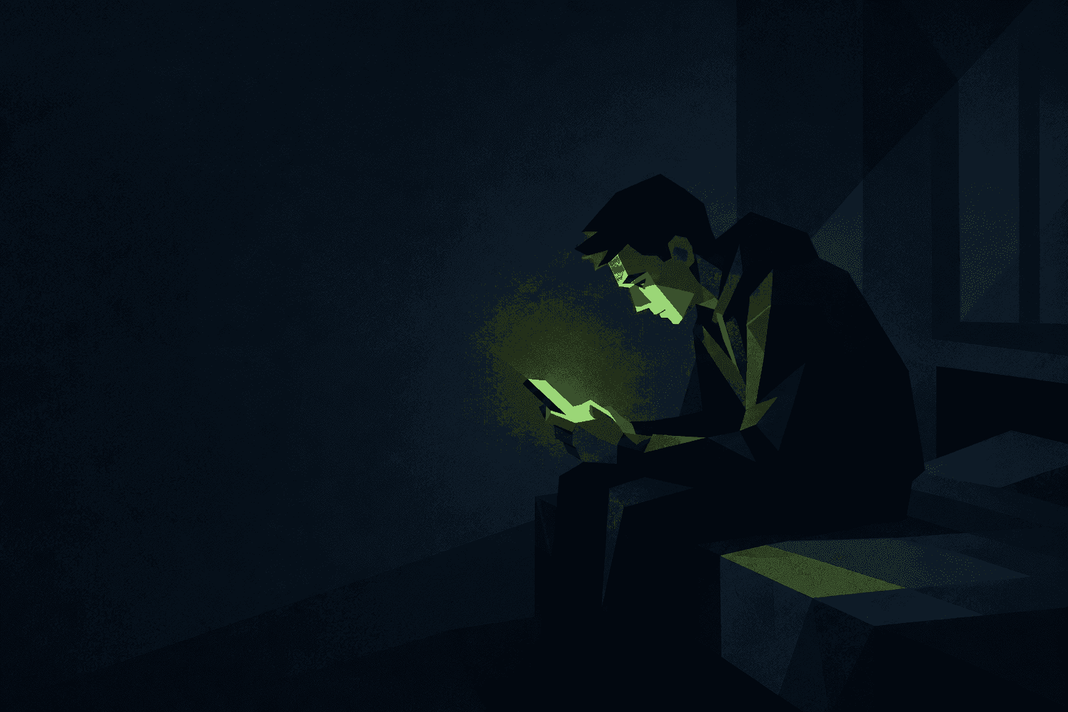 Illustration: eine Person sitzt im Dunkeln, das Gesicht vom Display beleuchtet